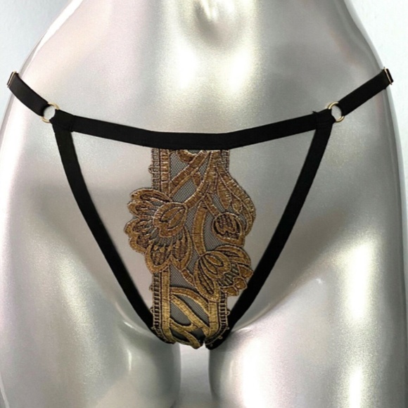 Victorias Secret NWT Very Sexy Black Gold Open Cut Out String Bikini Panty Sz L - Picture 1 of 6